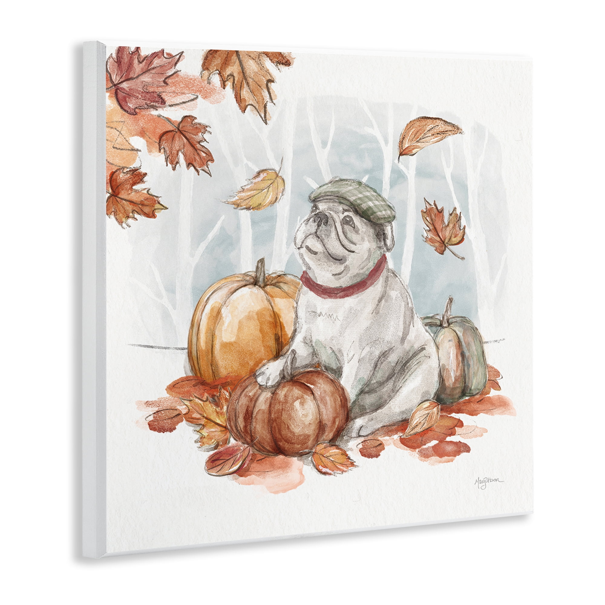 Stupell Industries Autumnal Bulldog Scene Holiday Painting Unframed Art Prints Wall Art, 12 x 12