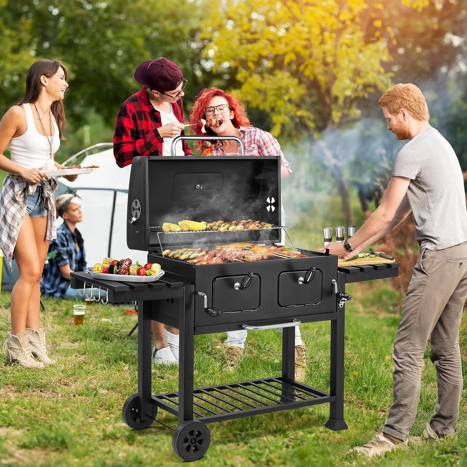 ROVSUN Charcoal Grill with Two Foldable Side Tables, Extra Large Cooking Area of 794 SQIN, Two Individual Lifting Charcoal Trays, Pull-out Ash Tray, Perfect BBQ Grill for Outdoor Picnic, Black