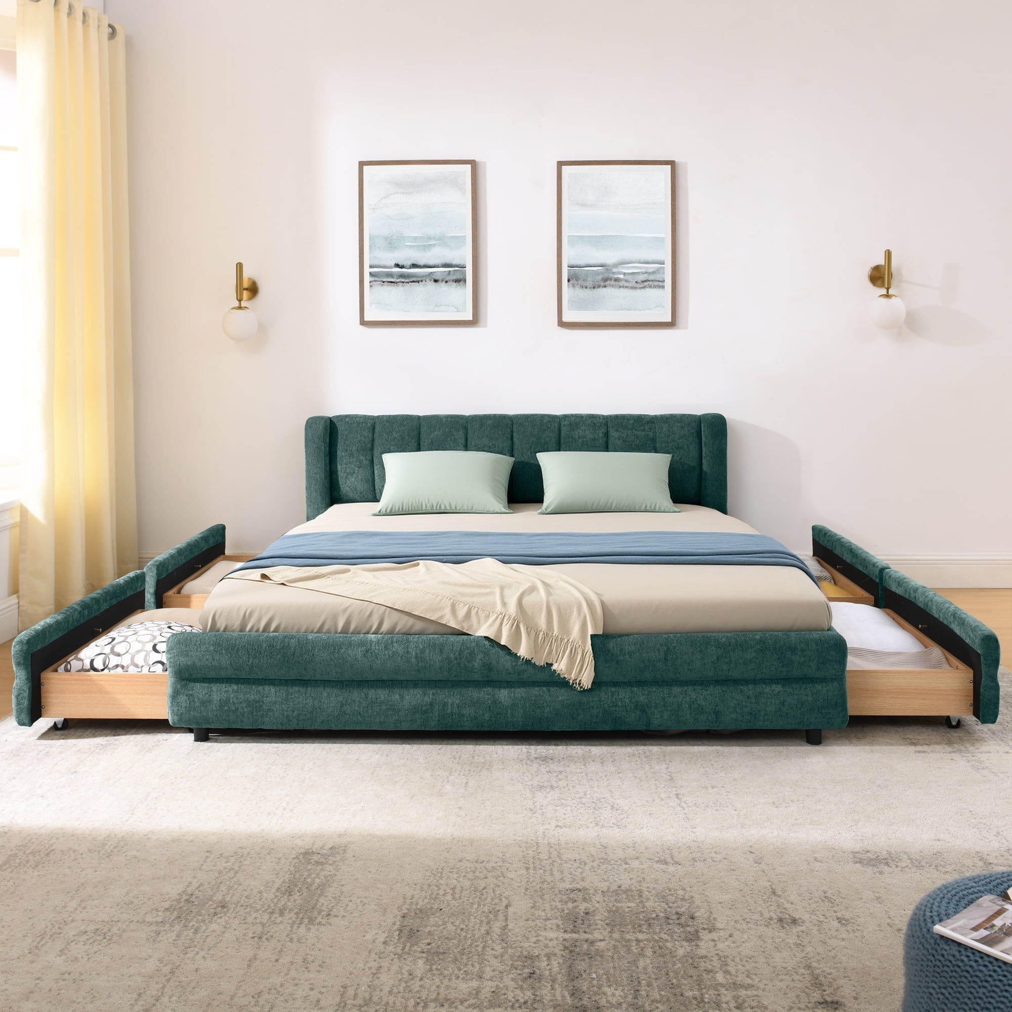 Modern Blueish Green Wood Frame Queen Size Platform Bed, Queen Chenille Upholstered Platform Bed with Headboard & 4 Drawers