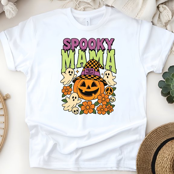 Spooky Mama Graphic T-Shirt Pumpkin Ghost Retro Funny Mom Tee, White, Size S