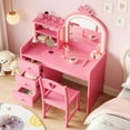 thumbnail image 5 of Kids Vanity Desk Set with Mirror and Lights, Princess Wooden Makeup Vanity with Chair, Storage Shelves and Drawers, 2-in-1 Girls Dressing Table, Pink, 5 of 7