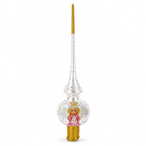 Angel on White Golden Flowers Bouquet Glass Christmas Tree Topper 11 Inches