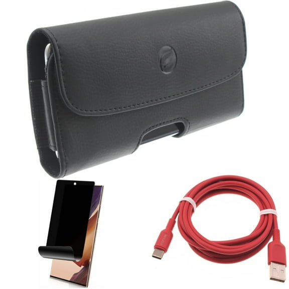 Case Belt Clip & Privacy Screen Protector & 6ft USB-C Cable for Samsung Galaxy Note 20 Ultra (6.9") - Combo with Leather Holster & TPU Film Anti-Peep & Red Charger Cord