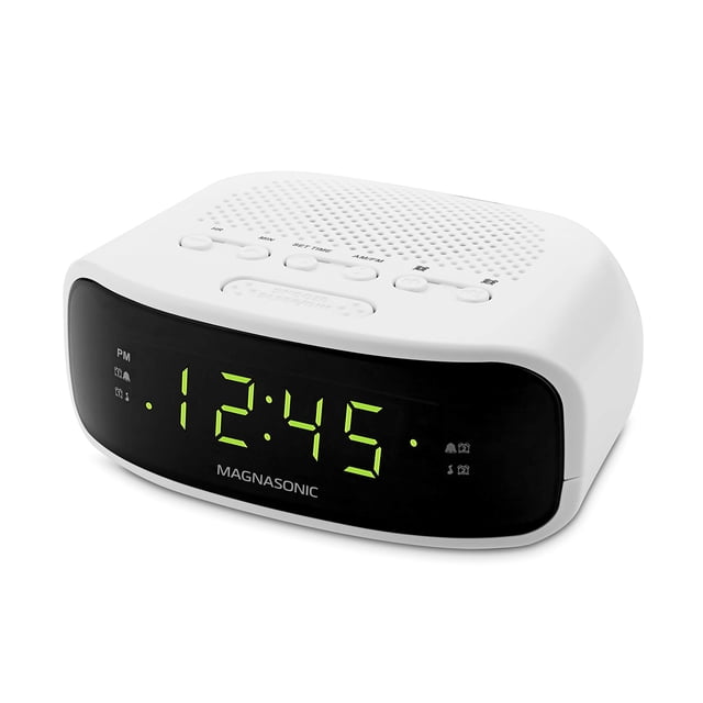 Magnasonic Radio reloj digital AM/FM con batería de respaldo, alarma dual, funciones de suspensión y repetición, opción de atenuación de pantalla, blanco (EAAC201)