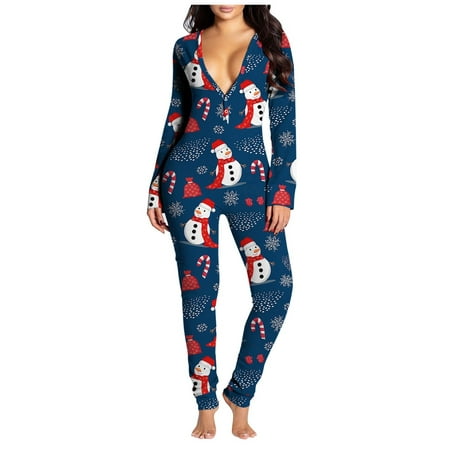 

YWDJ Jumpsuits for Women Dressy Long Sleeve Womens Onesie Flap Pajamas Christmas Print Butt Flap Sleepwear Cute Button Collar Rompers Nightwear Jumpsuit Blue L