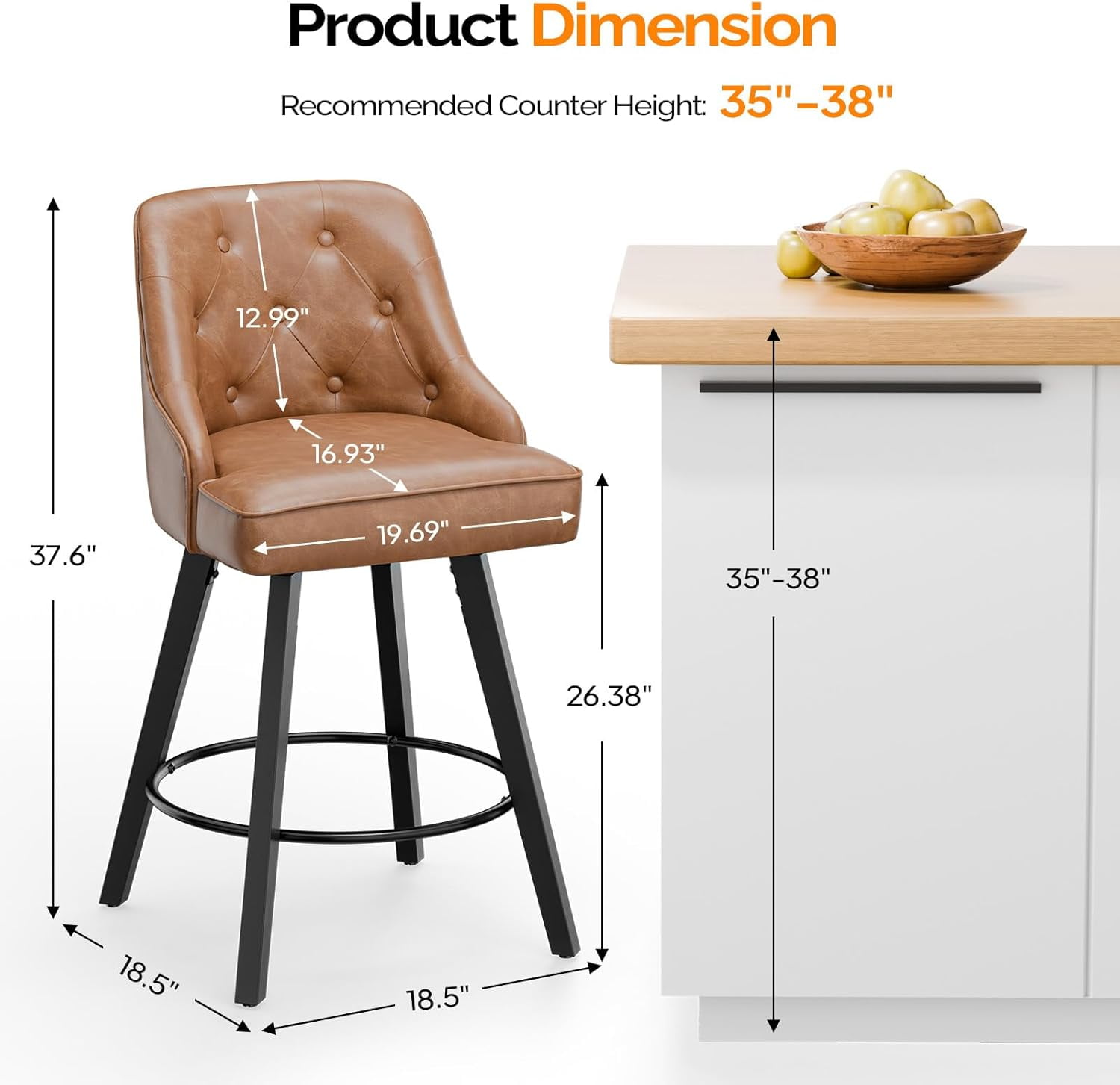 VINGLI 26" H Swivel Barstools Set of 2, Linen Fabric Upholstered Counter Stool with Back, Kitchen High Chairs Counter Height Bar Stools with Cushion, Solid Wood Legs, Beige
