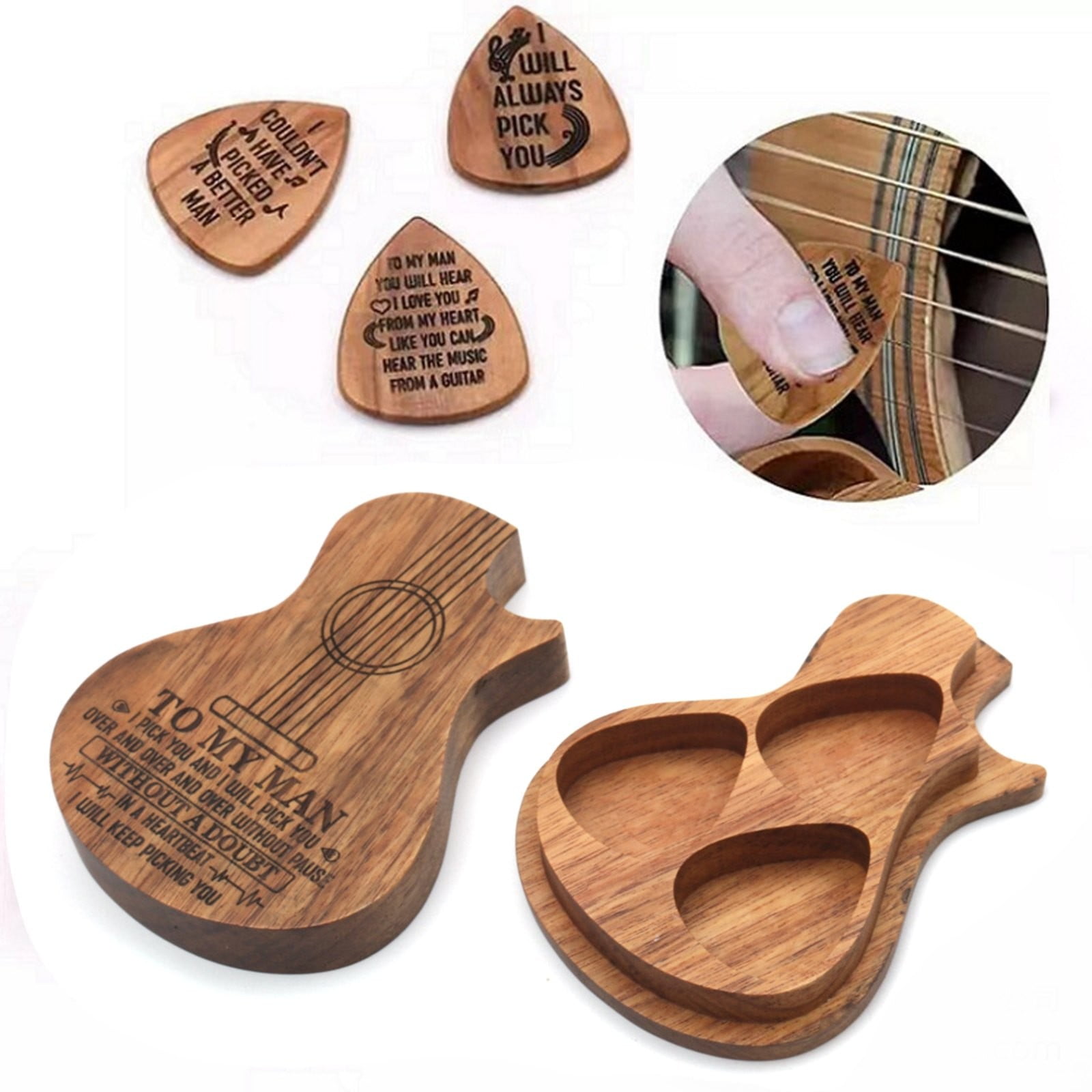 XKHZJL Wood Guitar Pick Box - Valentine's Day Gift for Him, Shaped Plectrum Container with 3 Pcs Guitar Picks for Guitar Picks Storage