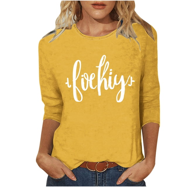 Mujeres Tres Cuartos de Manga Tops Día de la Mujer Impreso Cuello Redondo Blusa Suelta, Suéter de Manga Casual 3/4 para el Uso de Primavera Y Verano