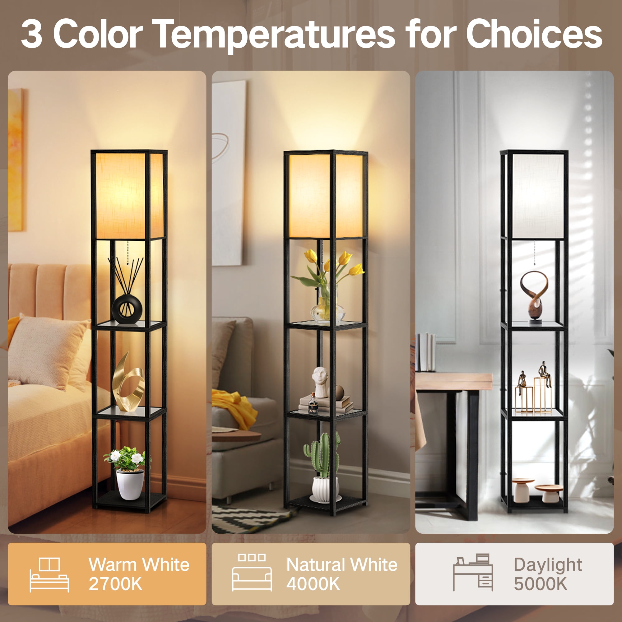 OUTON 65'' Floor Lamps with Shelves, Home Standing Lamp, Include 1080 Lumens Lighting Bulbs, Shelf Floor Lamp, Black Floor Lamps for Living Room, Bedroom, Lamp with Storage Dustproof