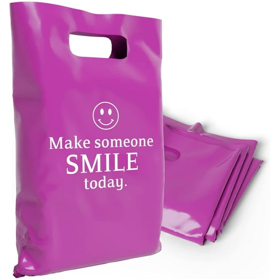OptiPak 12x15 Merchandise Bags - Plastic Bags with Handles - Package Bags Make Someone Smile Today Bulk Pack of 50 Bright Purple