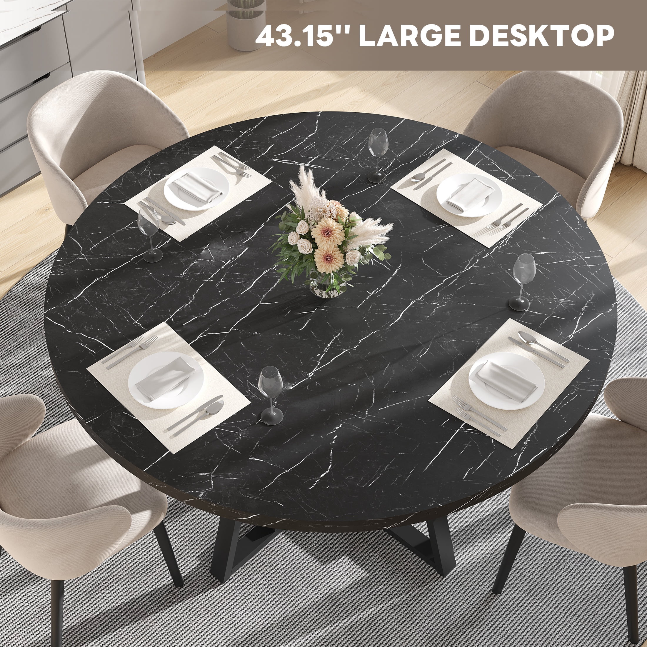 PAPROOS Round Dining Table, 43'' Faux Marble Dining Table with Storage Shelf, Circle Dining Table for Dining Room, Modern Kitchen Table for 4 People, Black(Only Table)