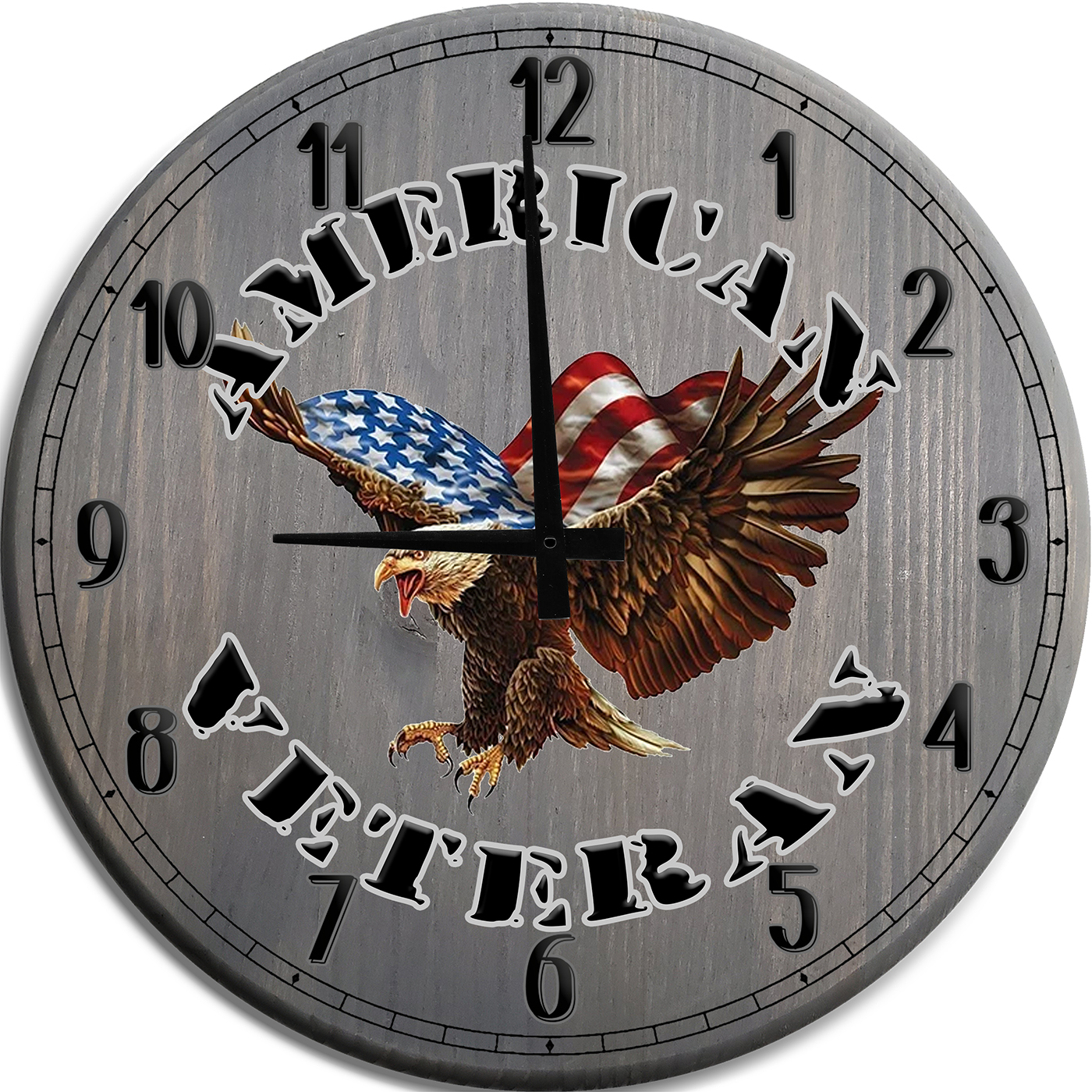 Large Wall Clock American Veteran Bald Eagle Man Cave Wall Decor Barnwood Gray 14 inch wall