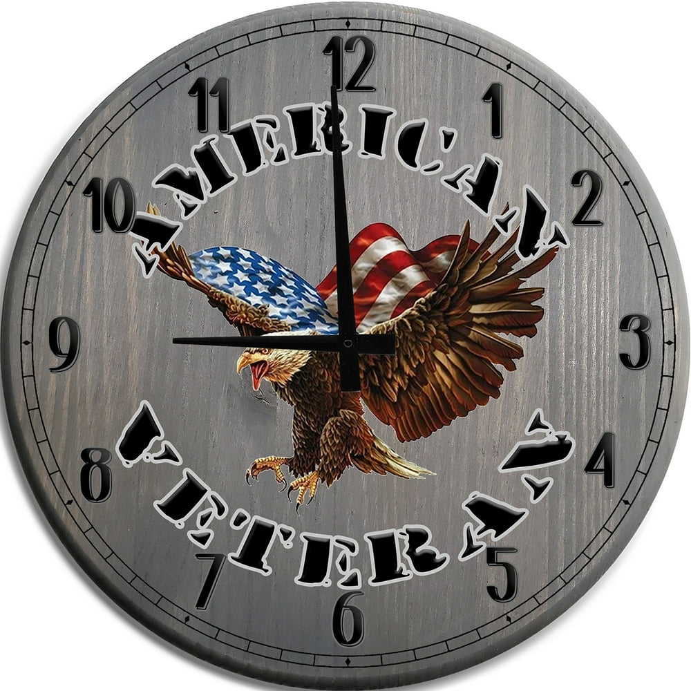 Large Wall Clock American Veteran Bald Eagle Man Cave Wall Decor