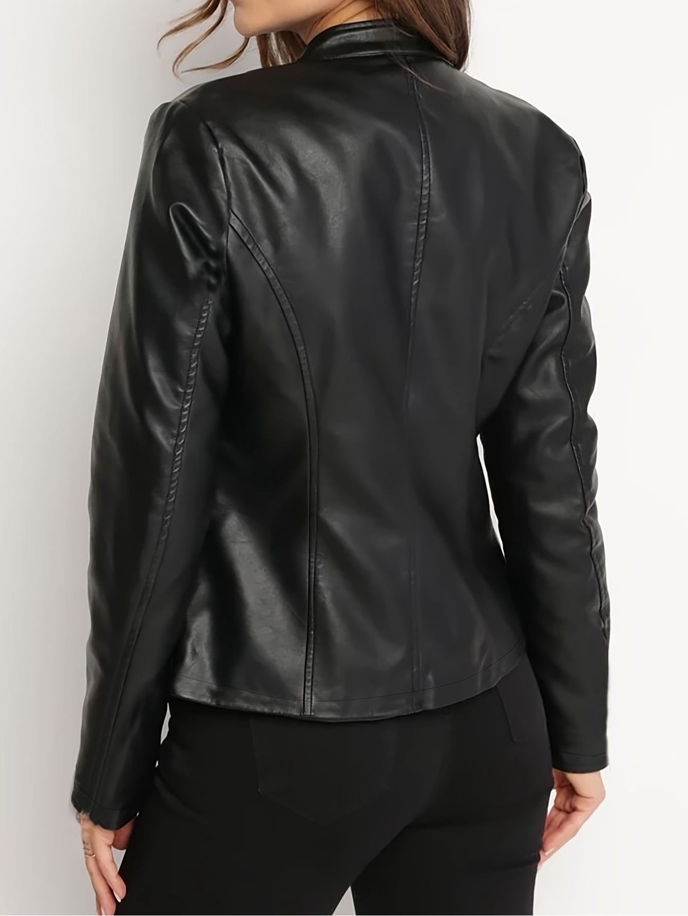 Women's Faux Leather Jacket, Stand Collar Moto Biker PU Coat for Women, Slim Fit Zippered Outwear for Casual Fall Winter Fashion