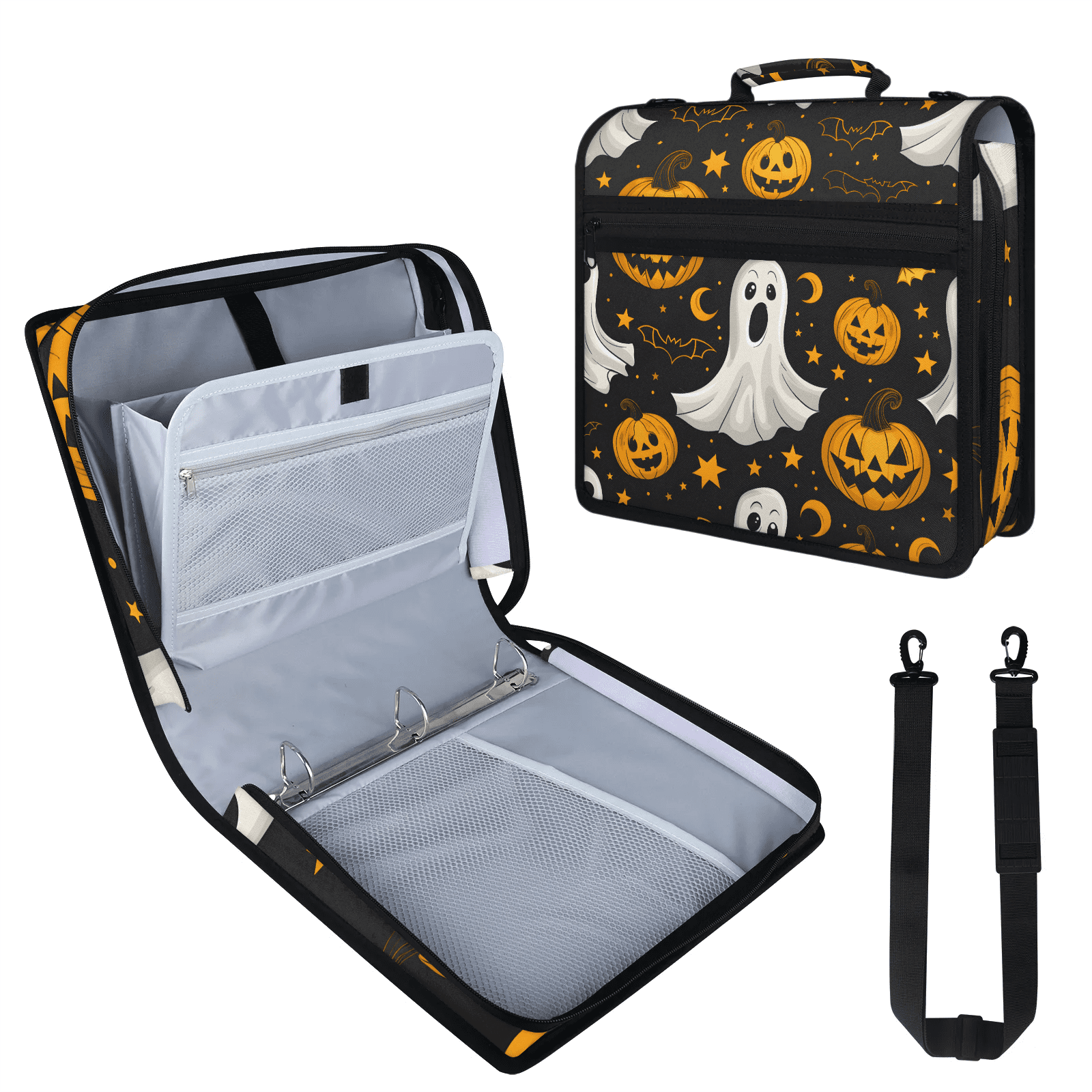 Herdesigns Funny Ghost Zipper Binder 1.5 Inch 3 D-Rings with Shoulder Strap & Handle, Waterproof Halloween Pumpkin Binder Organizer Bag for 13 Inch Laptop