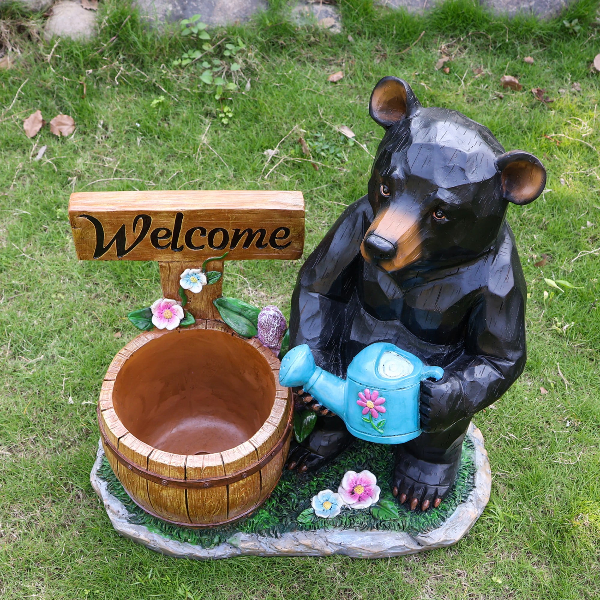 Bear Garden Statue, Black Resin Flower Pot Planter with Welcome Sign for Patio Yard