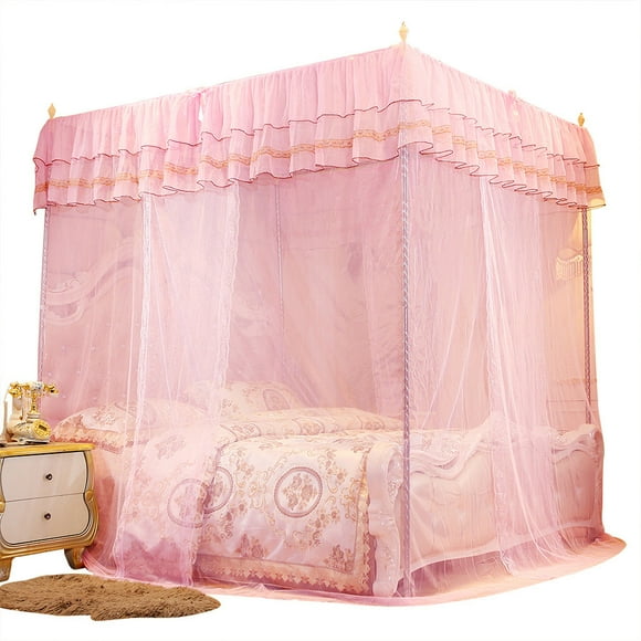 Cortina de cama de lujo con tres aberturas laterales, mosquitera y dosel de princesa (L)
