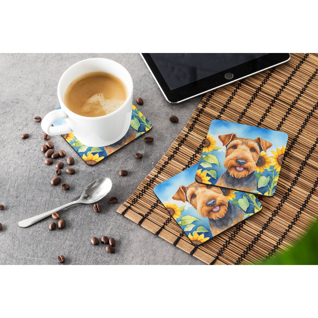 Airedale Terrier in Sunflowers Foam Coasters 3.5 in x 3.5 in