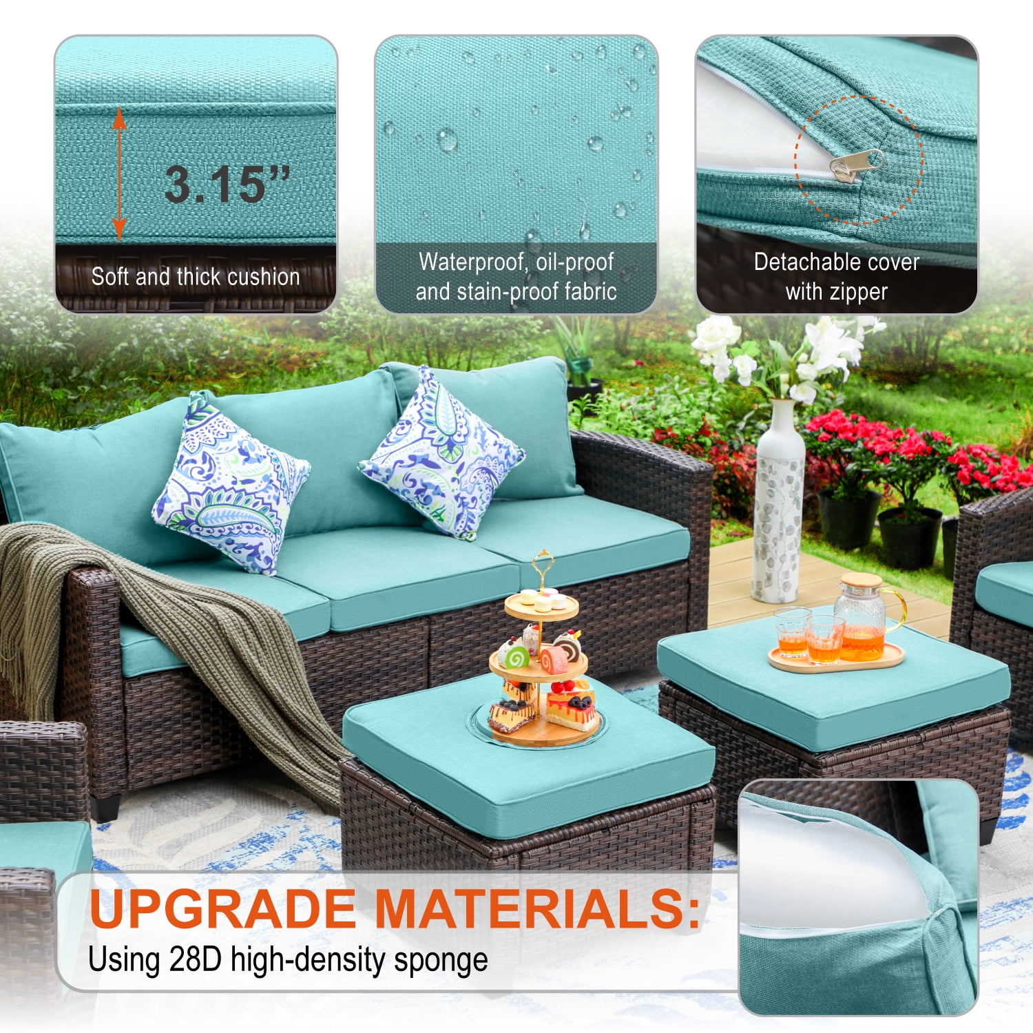 MF Studio 9-Seat Outdoor Patio Furniture Set with Fire Pit Table Wicker Patio Conversation Set Blue