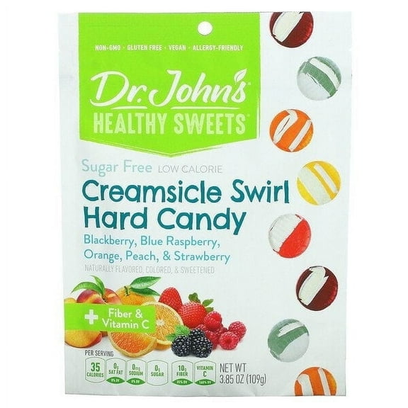 Dr. John's Healthy Sweets, Creamsicle Swirl Hard Candy,   Fiber & Vitamin C, Blackberry, Blue Raspberry, Orange, Peach, & Strawberry, Sugar Free, 3.85 oz