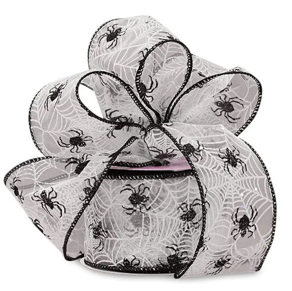 Sheer Spiderwebs Halloween Wired Ribbon - 2 1/2' x 10 Yards, White & Black, Spiders, Bows, Wreath, DIY