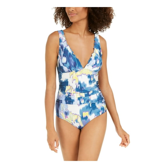 DKNY Women's Blue Printed Stretch REMOVABLE CUPS Deep V Neck Moderate Coverage One Piece Swimsuit 6