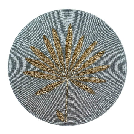 

I Be-Leaf Bead Embroidered Placemat Grey & Gold Size: 13.5 Round Set of 2