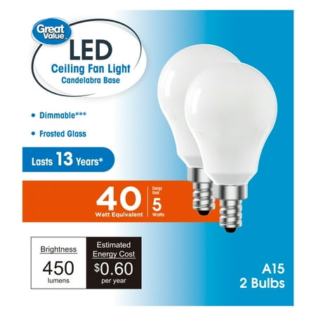 Great Value LED Ceiling Fan Bulb 5W (40W Equivalent) Daylight A15 with E12 Base Dimmable, 2 Pack CA