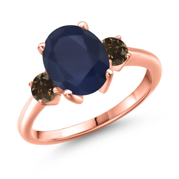 Gem Stone King 3.52 Ct Oval Blue Sapphire Brown Smoky Quartz 18K Rose Gold Plated Silver Ring (Size 5)