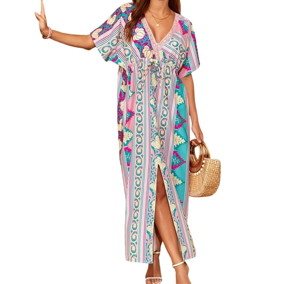 DISKEBUISS Women's V Neck Dresses Casual Short Sleeve Tie Waisted Print Maxi Dress Summer Home & Trip Vacation Wear