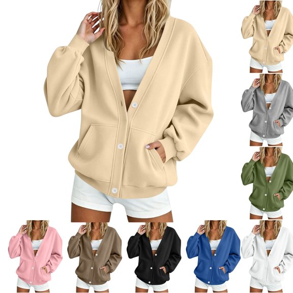 QINGFSAP Womens V Neck Sweatshirt Long Sleeve Button Pocket Loose Fit Casual Fall Winter Top