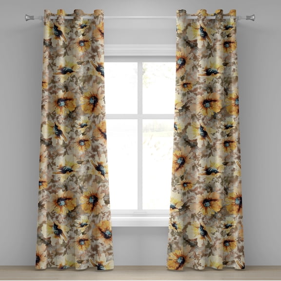 Ambesonne Floral Grommet Curtain, Blooming Summer Meadow Print, 50"x84", Sepia Mustard and Pale Orange