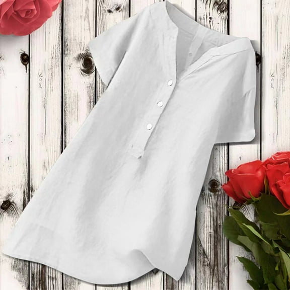 tarylea Plus Size Linen Tops for Women Short Sleeve Half Button Notch Neck Tunic Shirts Casual Summer Lightweight Tops