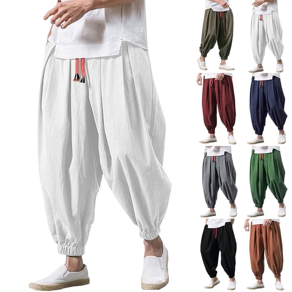 Men's Japanese Cotton Linen Cropped Pants, Loose Wide-Legged Drawstring Casual Pants Plus Size for Summer, Beach and Relaxation,Army Green,L