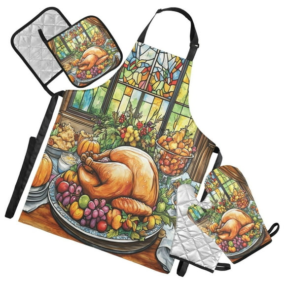 5 Pcs Kitchen Set Heat Resistant Oven Mitts and Non-Slip Pot Holders with Adjustable Cooking Apron Thanksgiving Food on Table