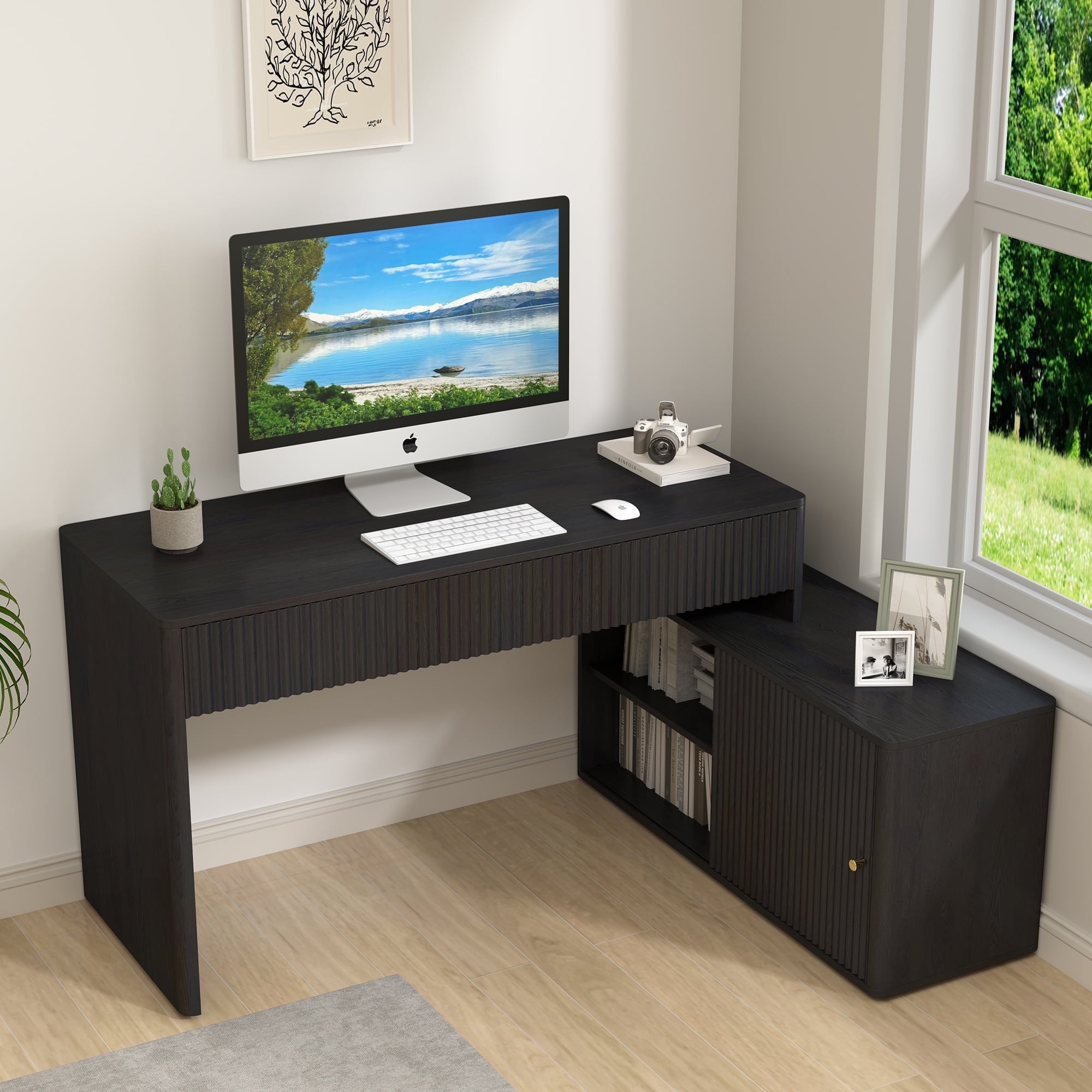 Wirrytor Modern L Shaped Desk with 2 Drawers and 2 Storage Shelves, Corner Computer Desk for Home Office, Space Saving L-Shaped Desk with Sliding Door Cabinet and Printer Stand