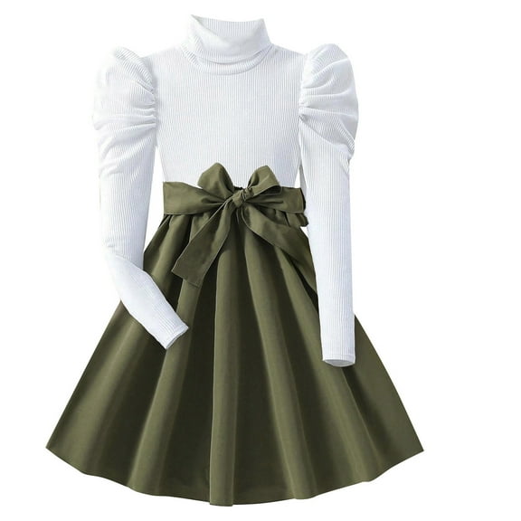Rovga Kid Girls Clothing Solid Color Clothes Set Round Neck Long Sleeve Outfits Dresses Elegance Weekend Playsuit 5-6 Years Ag