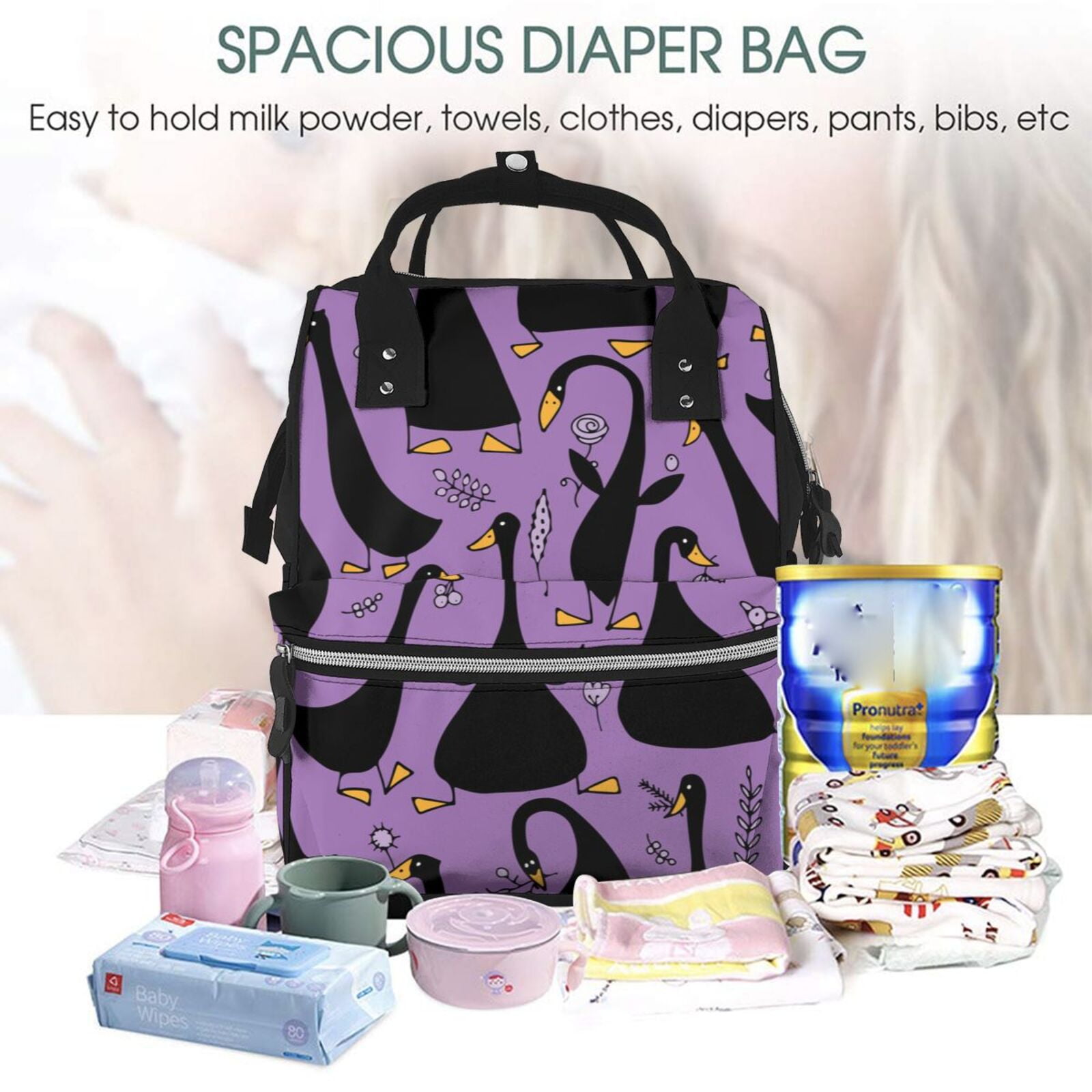 Fuzoiu Funny Goose Print Diaper Bag Backpack,Baby Essentials Travel Tote,Multi function Waterproof Diaper Bag, Travel Essentials Baby Bag - Unisex