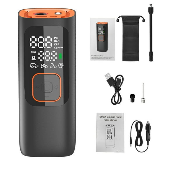 TFixol Compact Wireless Air Pump with LED Display, Auto Stop, and Power Bank Function for Cars, Bikes, and Balls - Black (7500mAh Battery, Portable Design)