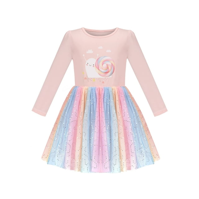 Robe Fille Rose Arc-en-Ciel Colorée Snail Lollipop à Sequins Manches Longues 8 Ans