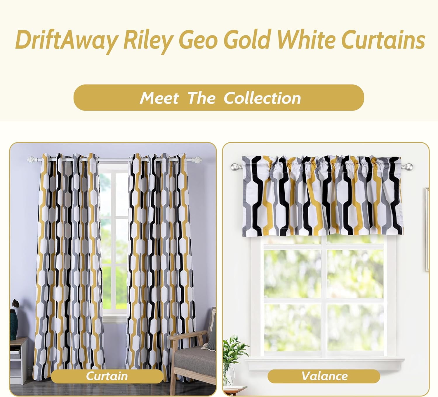 DriftAway Lined Rod Pocket Window Curtain Valance, 54" x 84" Plus 2", Gold White
