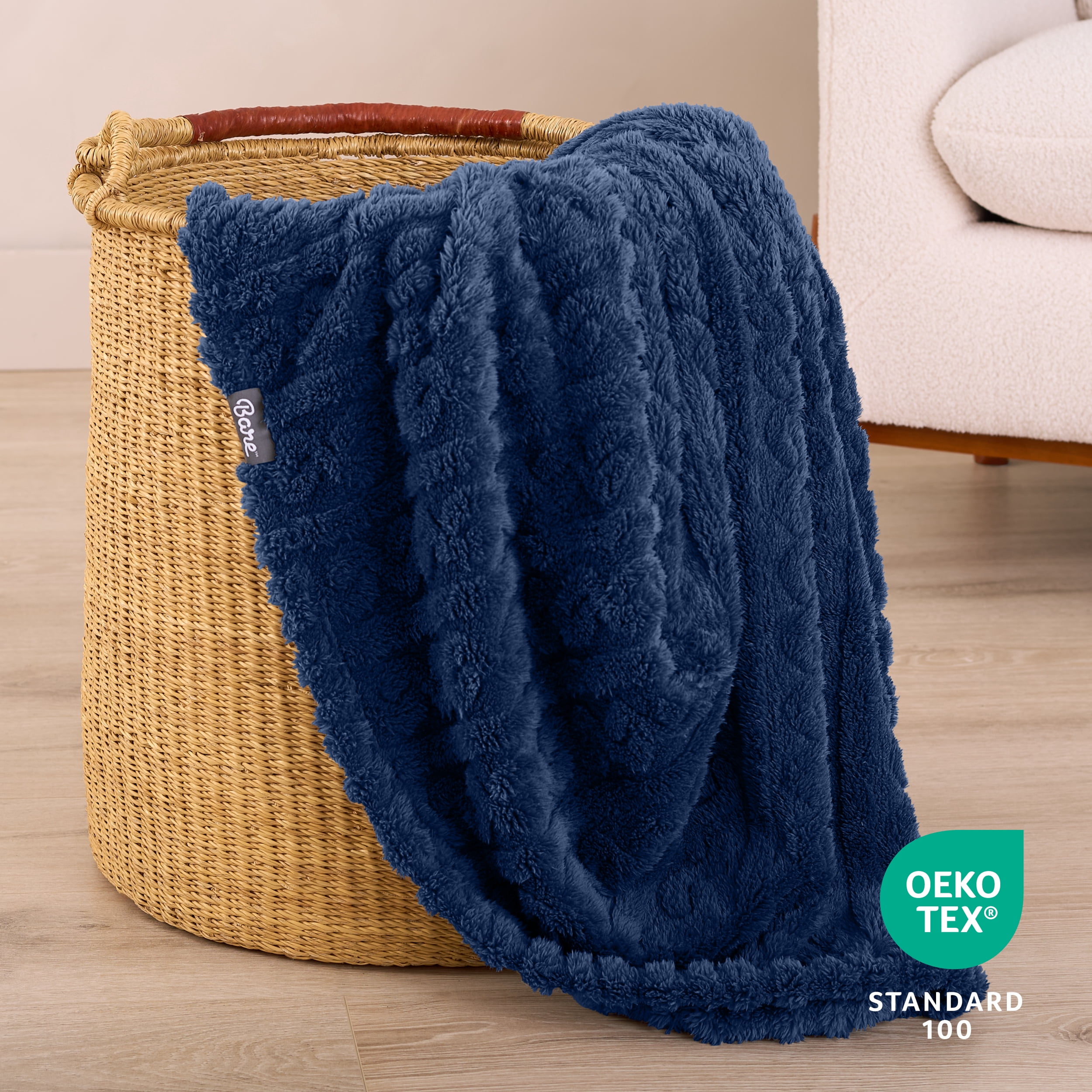 Bare Home Faux Shearling Blanket - Fluffy & Soft - Lightweight - King, Dark Blue - Cable