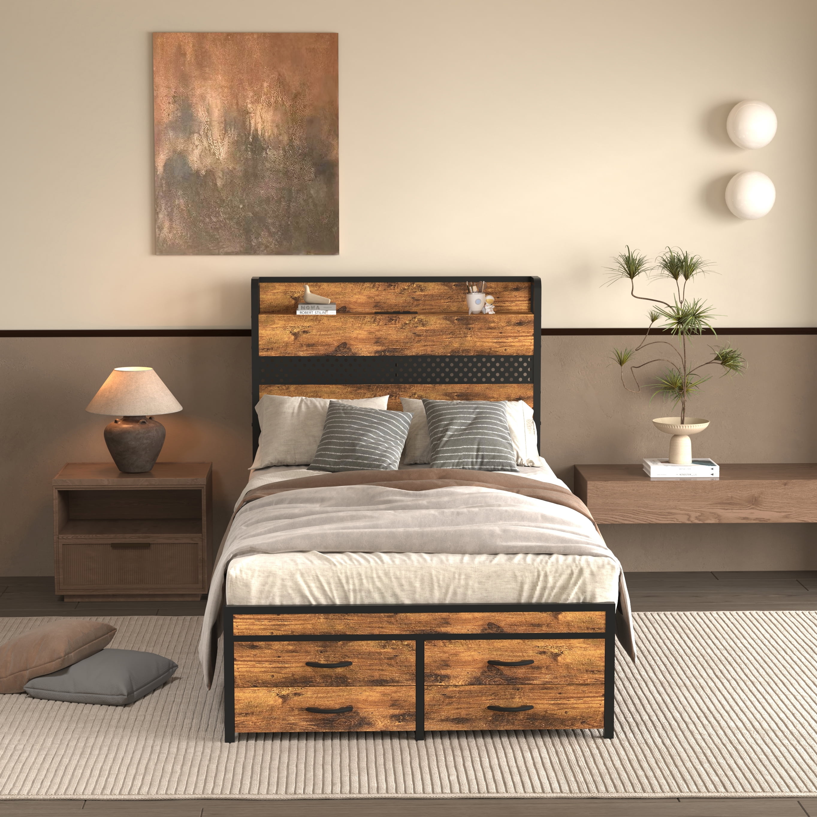 Miniyam Twin Size Bed with Storage Drawers, Charging Station for Adult, Brown