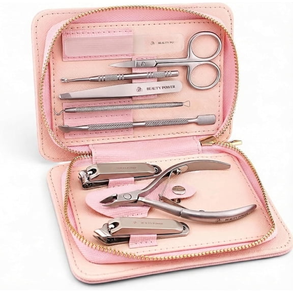 Beauty Power 9 in 1 Professional Manicure Pedicure Set - Stainless Steel Nail Clippers, Nano File, Cuticle Nipper, Scissors, Tweezers, Travel PU Leather Case for Men & Women - Valentines Gift (Pink)