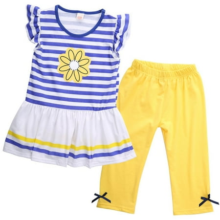 

Inevnen Toddler Baby Girl Clothes Sunflower Striped Sleeveless Ruffle Top Dress+Cropped Pants Summer Outfits