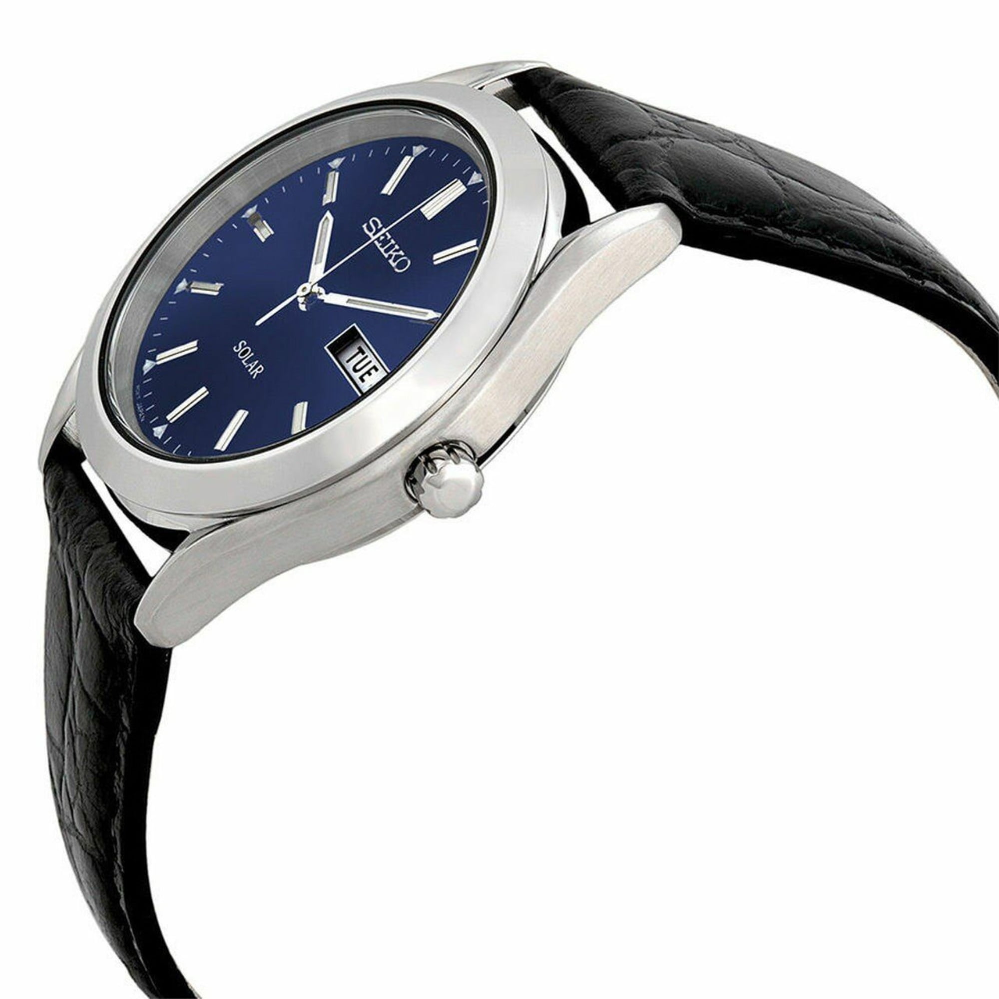 Seiko Men's Solar Stainless Watch - Black Leather Strap - Blue Dial -  SNE049 