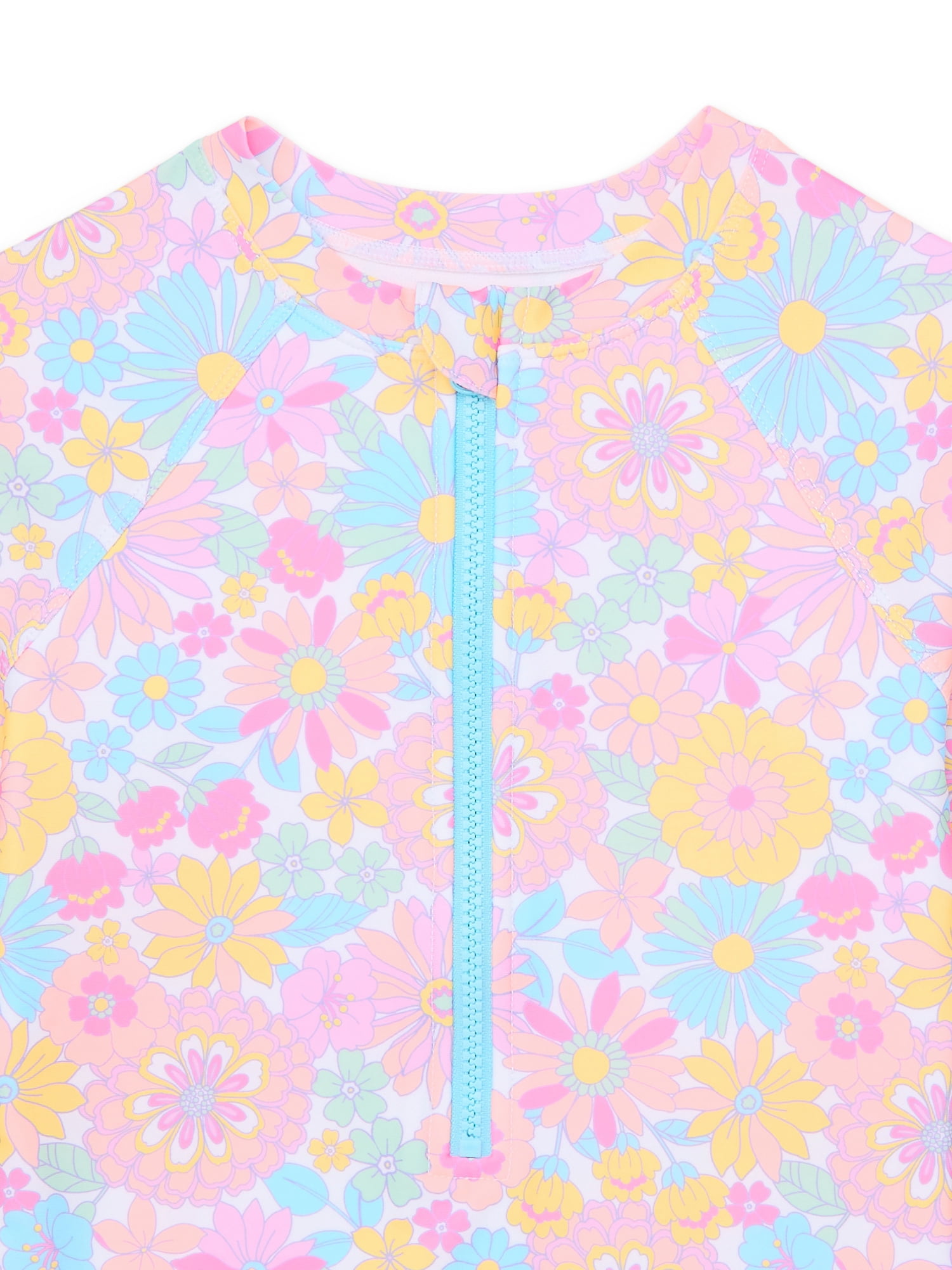 Wonder Nation Girls Long Sleeve Zip-Up Rash Guard One-Piece Swimsuit, Sizes 4-18 & Plus