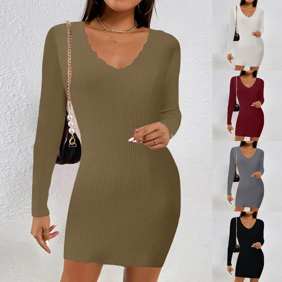 USSUMA Spring Dresses for Women 2025 Women'S Casual Dresses Long Sleeve V Neck Casual Solid Color Maxi Dress Lounging Dresses Comfortable Skirts Outdoor My Order Black Dress Size-L