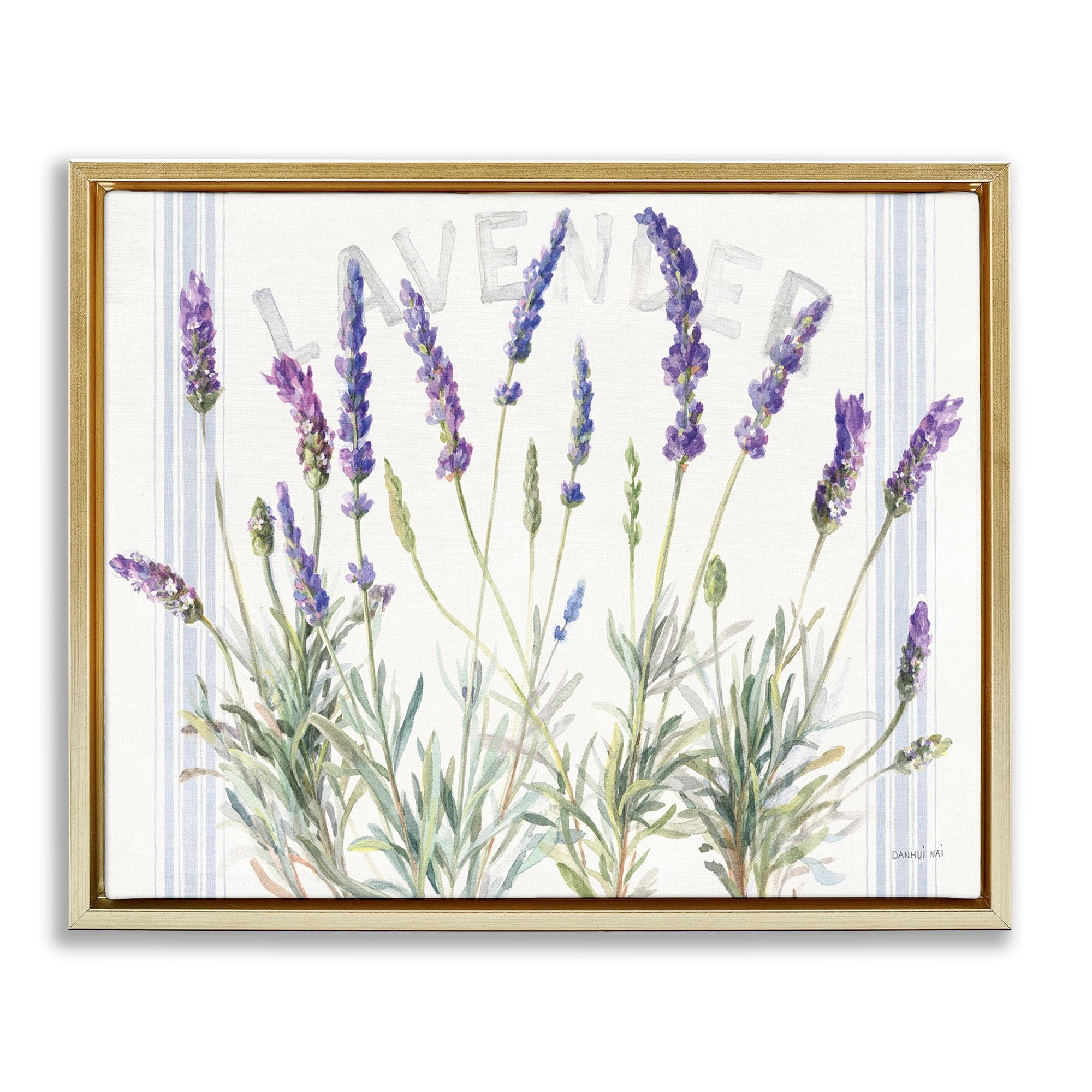 Stupell Industries Lavender Floral Cluster Farmhouse Bistro Stripes Metallic Gold Framed Floating Canvas Wall Art, 24x30, by Danhui Nai
