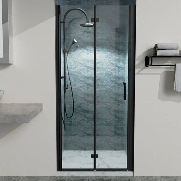 Shower Door 34 to 35-3/8 in. W x 72 in. H Bi-Fold Semi-Frameless Shower Doors in Matte Black with Clear Glass,Frameless Shower Door